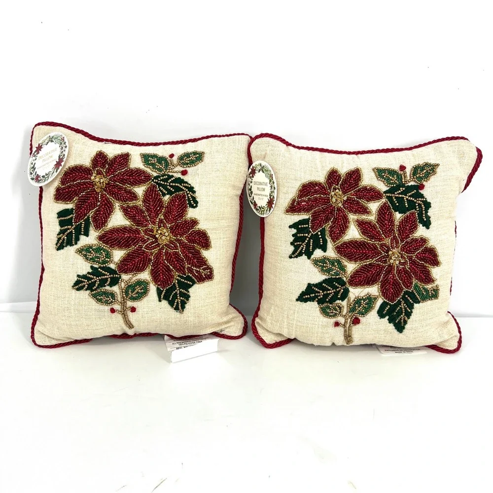 Beaded‎ Poinsettia Decorative Pillows Red Gold Christmas 12 x 12 Set of 2 NEW